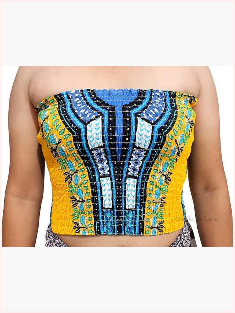 African Dashiki Smock Crop Top Strapless Tube Blouse Ladies Summer Cotton